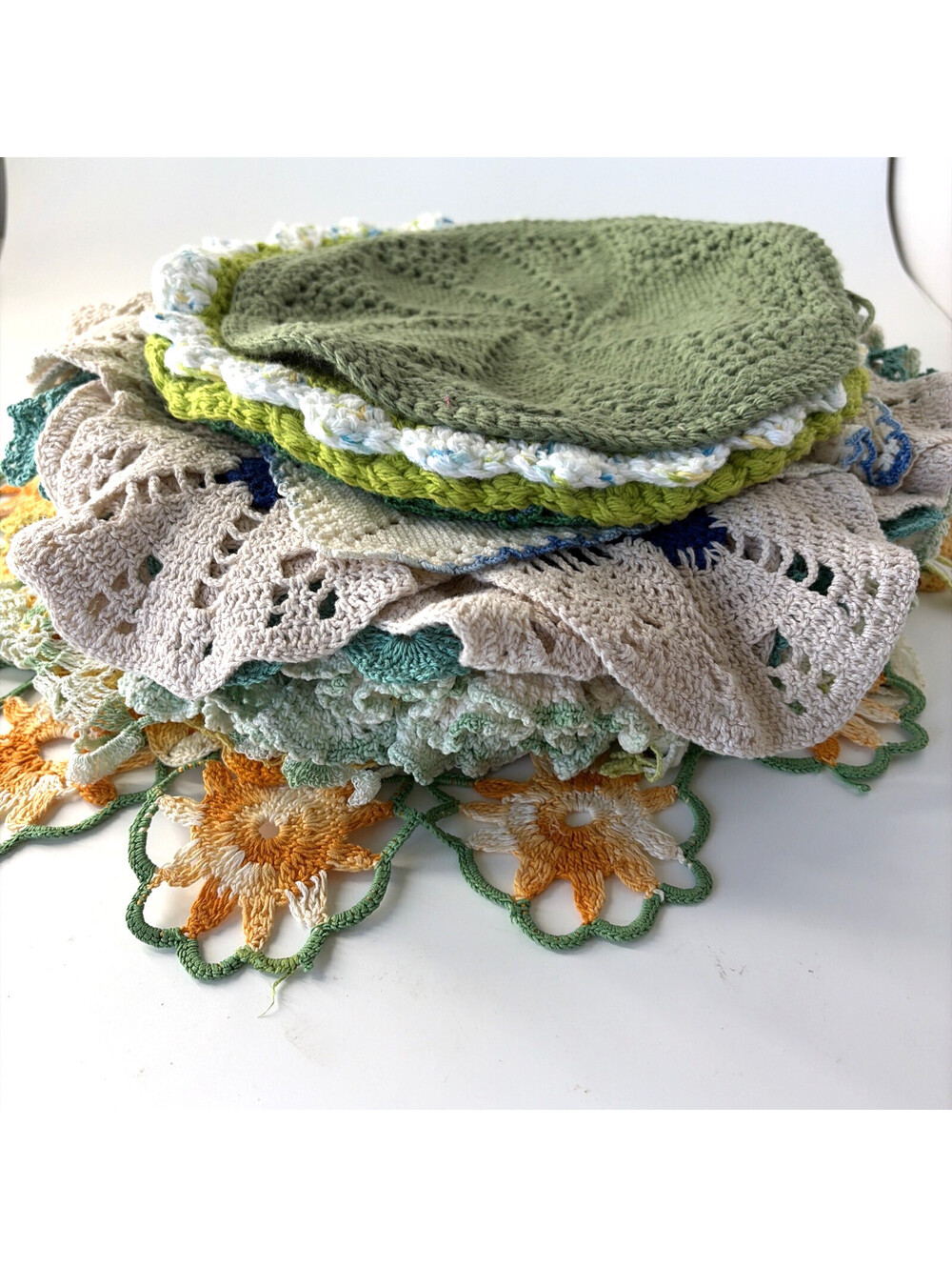 28 Pc VTG Handmade Crochet Lace Doily Lot Victorian Cottage Chic Yellow Green